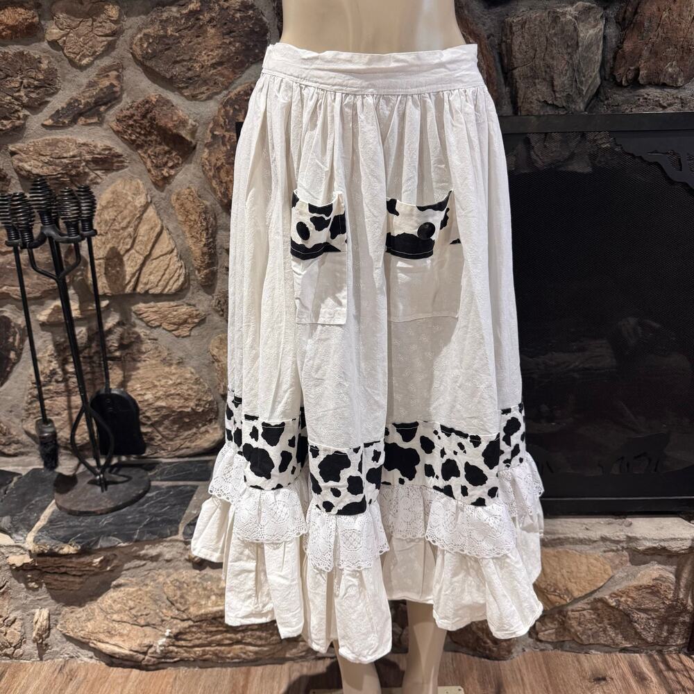 VTG Handmade Cow Print Maxi Wrap Tie Lace Skirt Apron Milkmaid Farmer Cottage